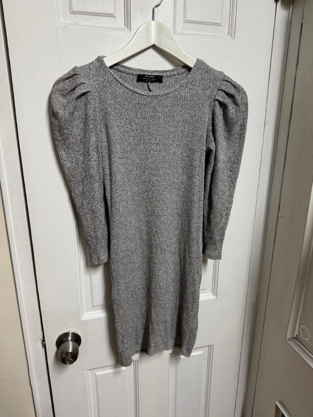 Bershka Gray Ribbed Puff-Sleeve Knit Dress